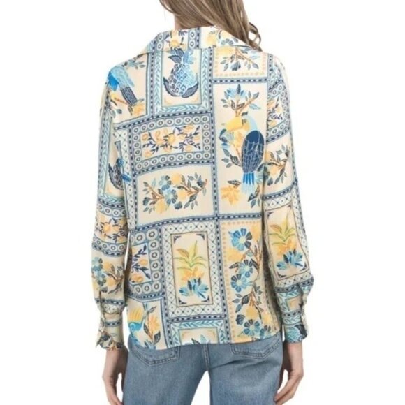 New Rachel Zoe Novelty Tropical Floral Print Shirt Yellow Blue XS - Picture 4 of 5